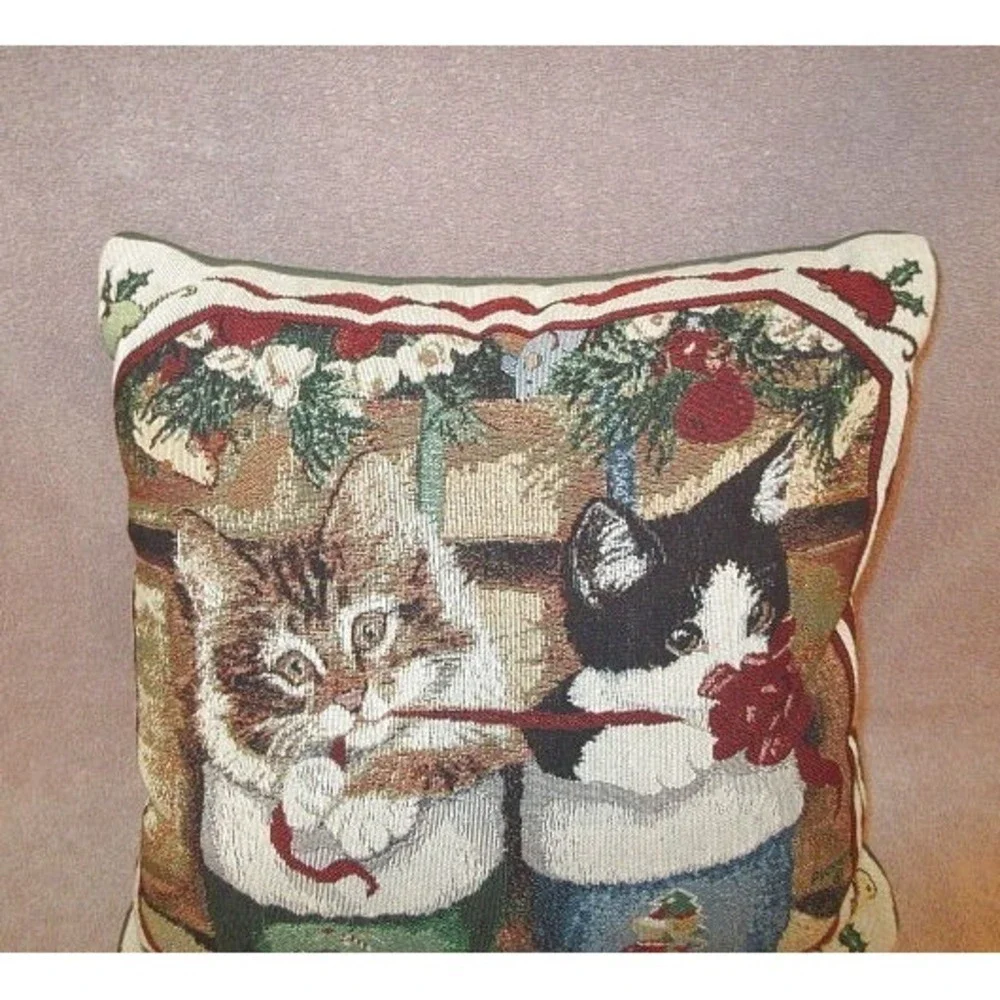 Vtg Cat Tapestry Throw Pillow 16